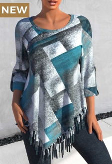Dusty Blue Tassel Plaid Long Sleeve Blouse