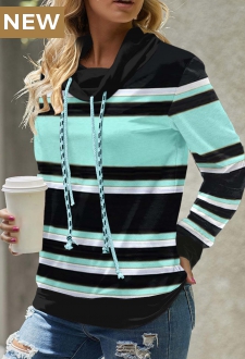 Cyan Striped Long Sleeve Cowl Neck Sweatshirt