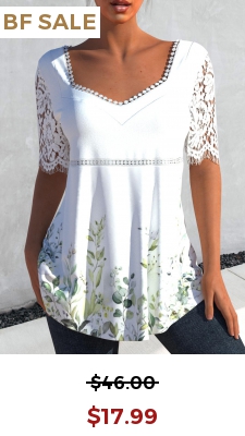 Leaf Print Lace Stitching White T Shirt