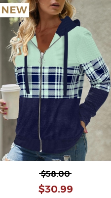 Mint Green Zipper Plaid Long Sleeve Hoodie