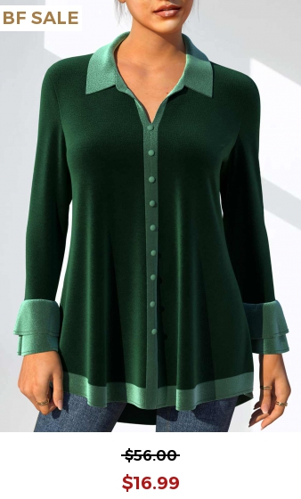 Velvet Stitching Turndown Collar Dark Green Blouse