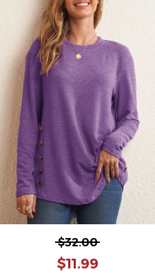Purple Decorative Button Round Neck Long Sleeve T Shirt