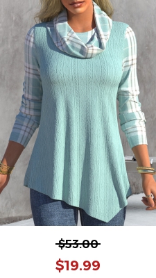 Cyan Asymmetric Hem Tartan Print Long Sleeve Sweatshirt