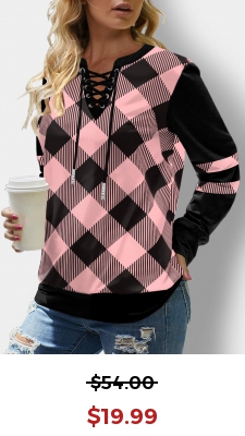 Pink Lace Up Tartan Print Long Sleeve Sweatshirt