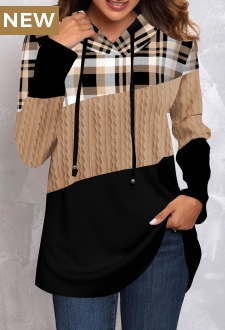 Light Camel Twisted Tartan Print Long Sleeve Hoodie