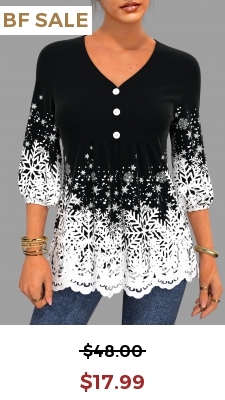 Lace Patchwork Christmas Snowflake Print V Neck Blouse