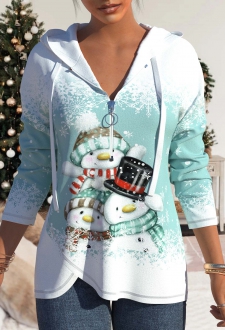 Christmas Snowman Print Mint Green Zipper Hoodie
