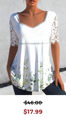 Leaf Print Lace Stitching White T Shirt