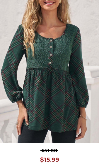 Blackish Green Plaid Stringy Selvedge Lace Stitching Blouse