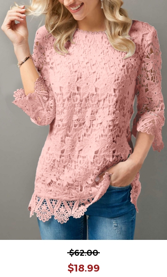 Lace Pink Round Neck 3/4 Sleeve T Shirt