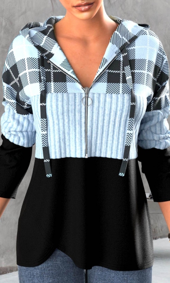Light Blue Zipper Tartan Print Long Sleeve Hoodie