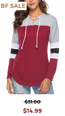 Lace Up Wine Red Contrast Long Sleeve T Shirt