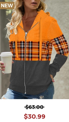 Zipper Closure Plaid Orange Long Sleeve Hoodie