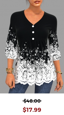Lace Patchwork Christmas Snowflake Print V Neck Blouse