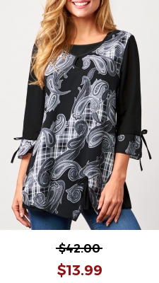 Paisley Print 3/4 Sleeve Black Blouse