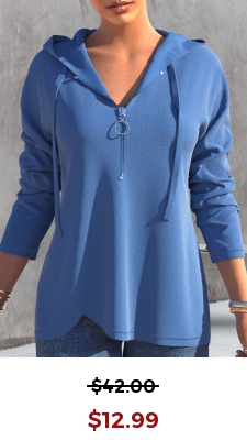 Dusty Blue Quarter Zip Drawstring Long Sleeve Hoodie