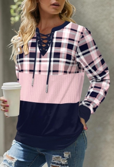 Light Pink Lace Up Plaid Long Sleeve Sweatshirt