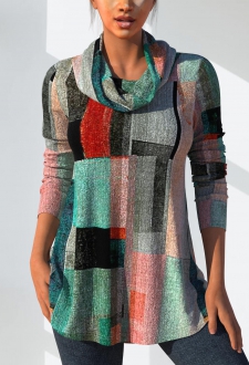 Multi Color Geometric Print Long Sleeve T Shirt