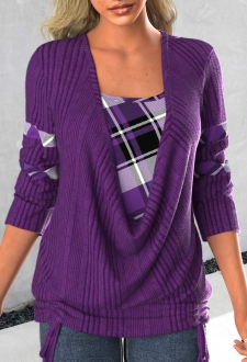 Dark Purple Patchwork Plaid Long Sleeve Sweatshirt