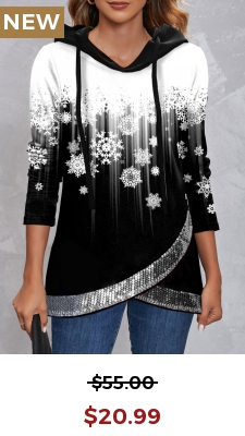 Christmas Snowflake Print Cross Hem Sequin Black Hoodie