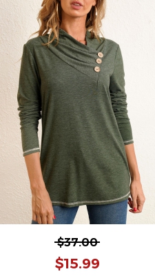 Decorative Button Long Sleeve Asymmetrical Neck T Shirt