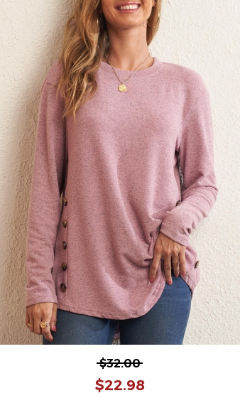 Decorative Button Pink Long Sleeve Round Neck T Shirt