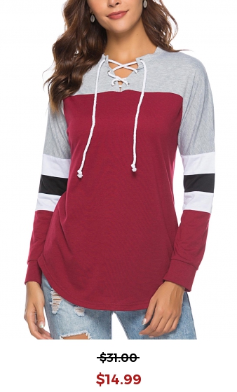Lace Up Wine Red Contrast Long Sleeve T Shirt