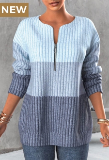 Light Blue Zipper Contrast Long Sleeve Sweatshirt