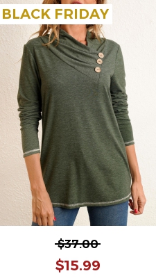 Decorative Button Long Sleeve Asymmetrical Neck T Shirt