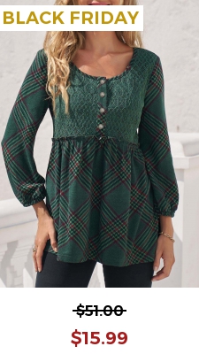 Blackish Green Plaid Stringy Selvedge Lace Stitching Blouse