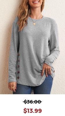 Decorative Button Round Neck Grey Long Sleeve T Shirt