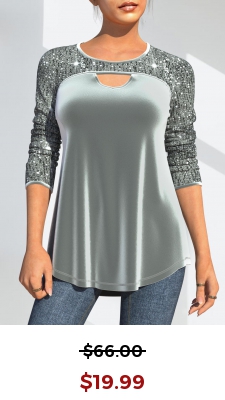 Sequin Velvet Stitching Cutout Design Grey T Shirt