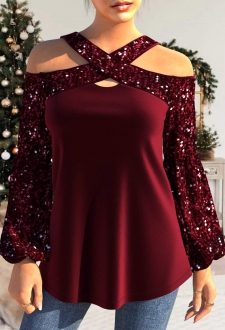 Wine Red Sequin Long Sleeve T Shirt