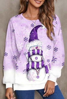 Christmas Purple Snowman Print Long Sleeve Sweatshirt
