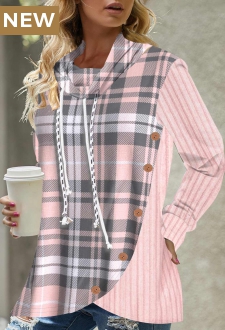 Button Tartan Print Pink Drawstring Sweatshirt