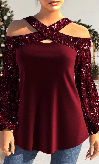 Wine Red Sequin Long Sleeve T Shirt