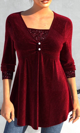 Wine Red Sequin Long Sleeve T Shirt