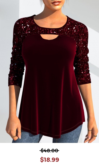 Christmas Design Velvet Stitching Wine Red Sequin T Shirt