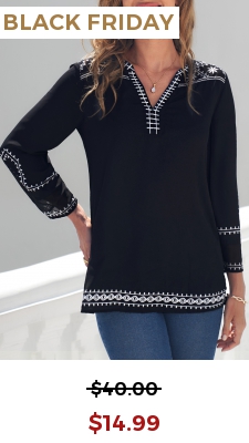 Printed Split Neck Black 3/4 Sleeve Blouse
