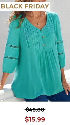 Lace Trim V Neck 3/4 Sleeve Cyan Blouse