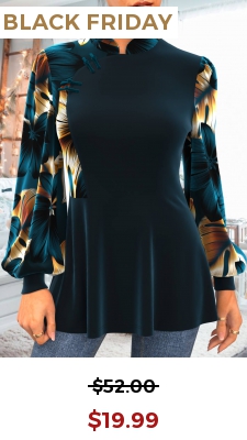 Mandarin Collar Blackish Green Floral Print Velvet Blouse