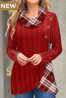 Red Twisted Plaid Long Sleeve Cowl Neck Sweatshirt