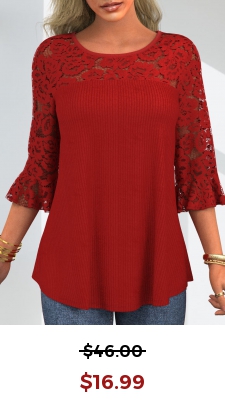 Lace Stitching Flare Cuff Round Neck T Shirt
