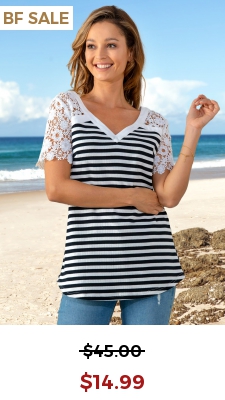 Lace Patchwork Short Sleeve V Neck Striped T Shirt