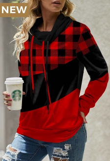 Red Drawstring Plaid Long Sleeve Cowl Neck Sweatshirt