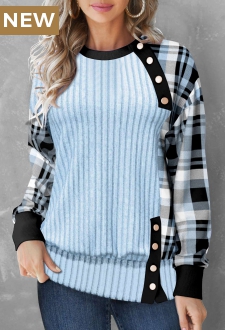 Light Blue Button Plaid Long Sleeve Sweatshirt