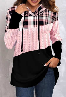 Pink Tartan Print Long Sleeve Hoodie