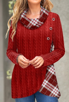 Red Twisted Plaid Long Sleeve Cowl Neck Sweatshirt