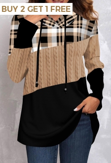 Light Camel Twisted Tartan Print Long Sleeve Hoodie