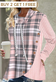 Button Tartan Print Pink Drawstring Sweatshirt